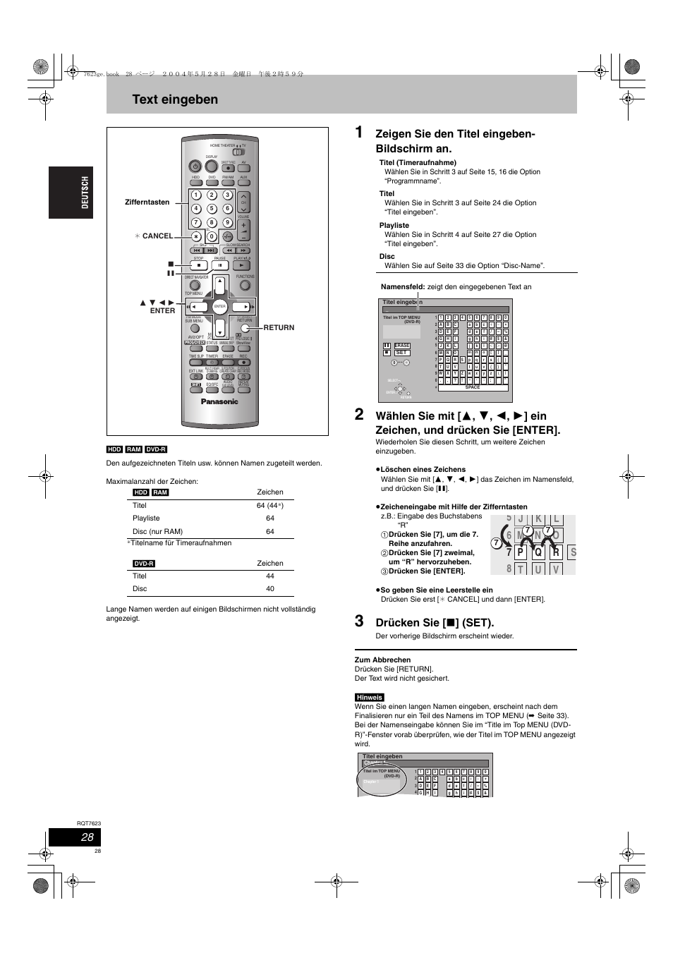 Text eingeben, Zeigen sie den titel eingeben- bildschirm an, Drücken sie [ ∫ ] (set) | Panasonic SCHT1500 User Manual | Page 28 / 164