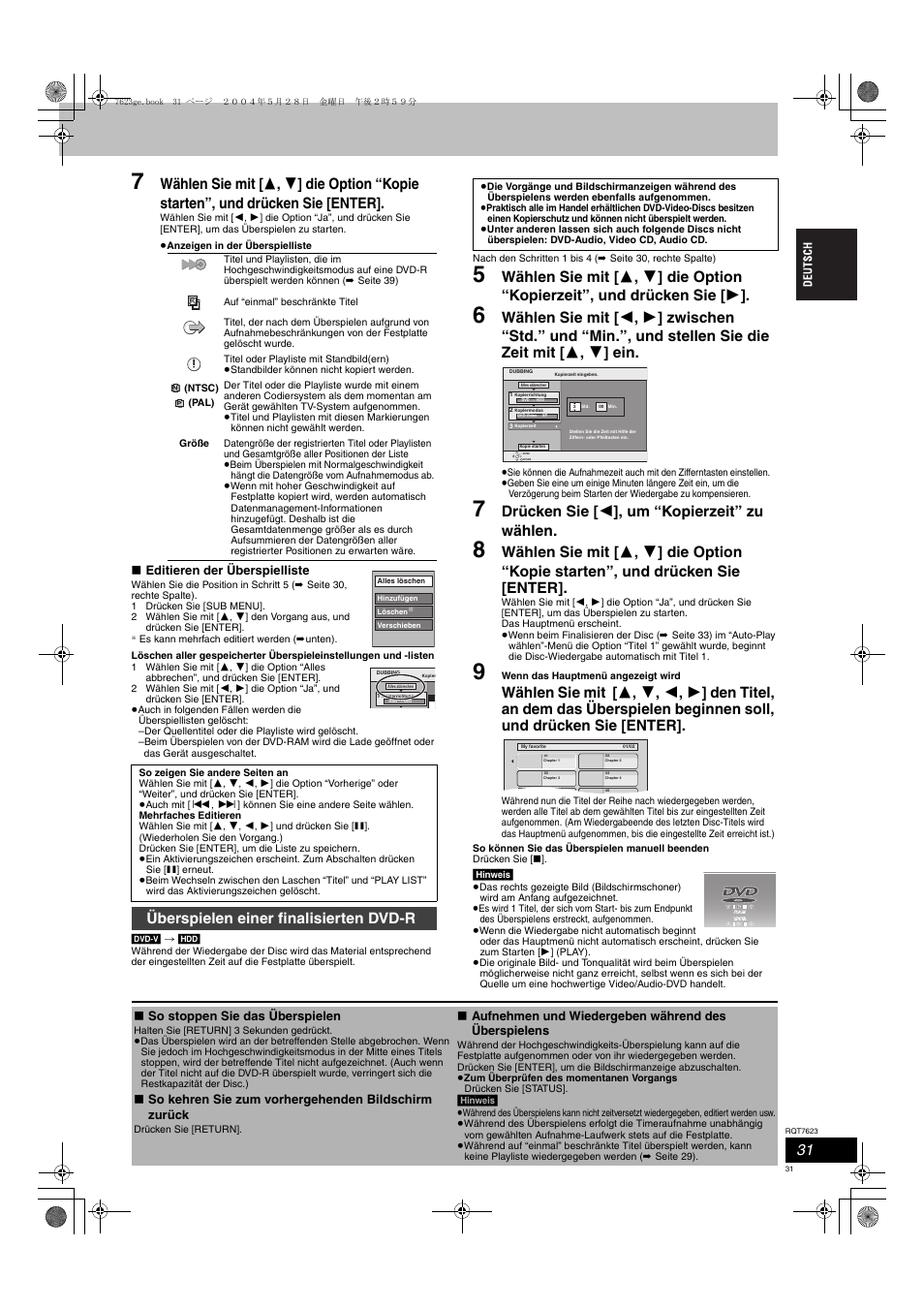 Drücken sie [ 2 ], um “kopierzeit” zu wählen, Überspielen einer finalisierten dvd-r | Panasonic SCHT1500 User Manual | Page 31 / 164