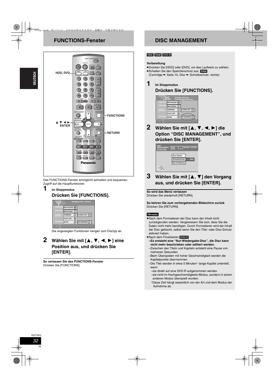 Functions-fenster, Disc management, Drücken sie [functions | Panasonic SCHT1500 User Manual | Page 32 / 164