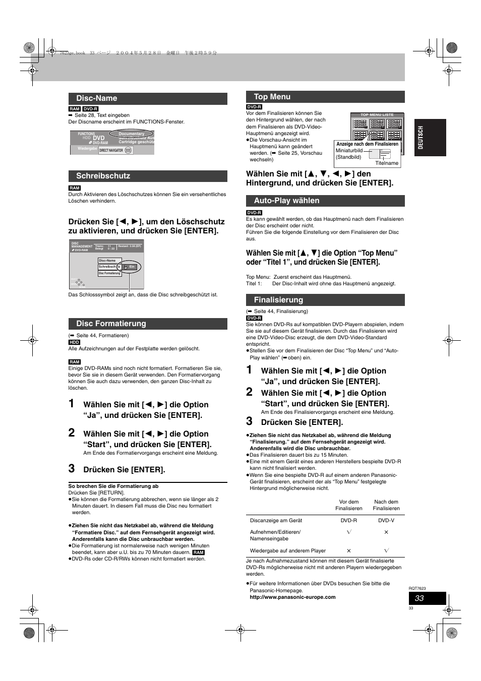 Drücken sie [enter, Disc-name schreibschutz disc formatierung, Top menu auto-play wählen finalisierung | Panasonic SCHT1500 User Manual | Page 33 / 164