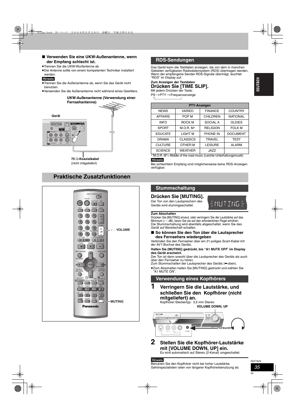 Praktische zusatzfunktionen, Drücken sie [time slip, Drücken sie [muting | Rds-sendungen, Stummschaltung verwendung eines kopfhörers | Panasonic SCHT1500 User Manual | Page 35 / 164