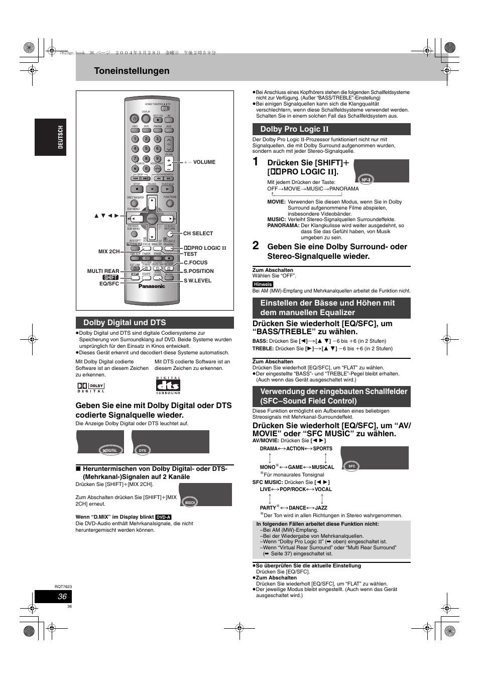 Toneinstellungen, Drücken sie [shift] r [ î pro logic ii, Dolby digital und dts | Panasonic SCHT1500 User Manual | Page 36 / 164