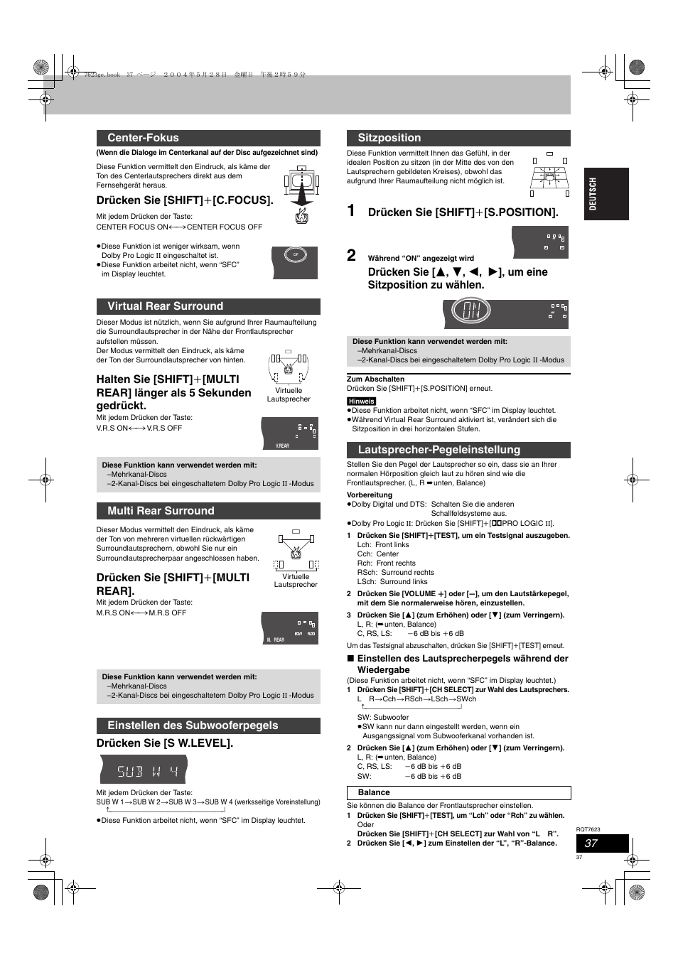 Drücken sie [shift] i [c.focus, Drücken sie [shift] i [multi rear, Drücken sie [s w.level | Drücken sie [shift] i [s.position, Center-fokus virtual rear surround, Multi rear surround, Einstellen des subwooferpegels, Sitzposition, Lautsprecher-pegeleinstellung | Panasonic SCHT1500 User Manual | Page 37 / 164