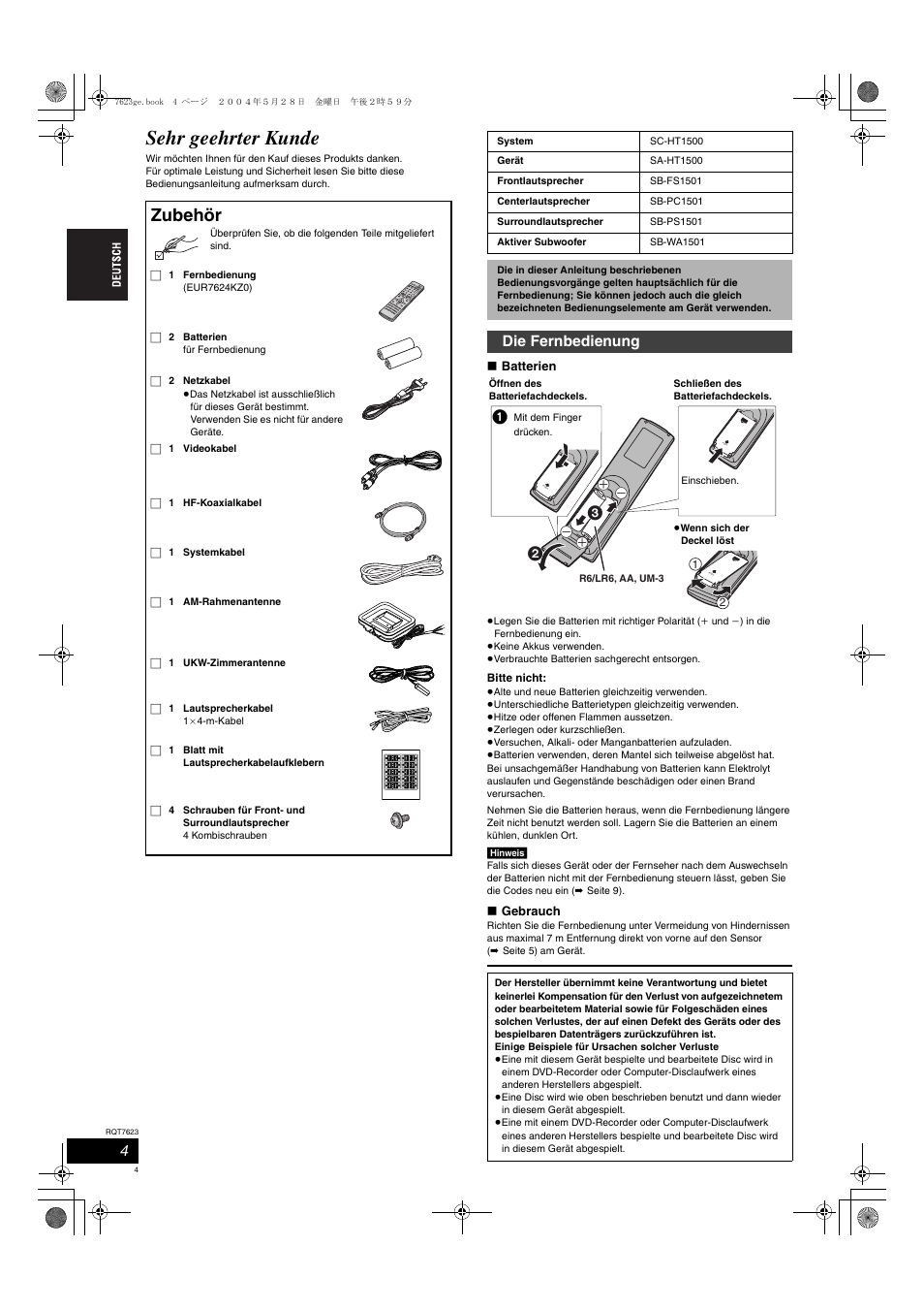 Sehr geehrter kunde, Zubehör, Die fernbedienung | Panasonic SCHT1500 User Manual | Page 4 / 164