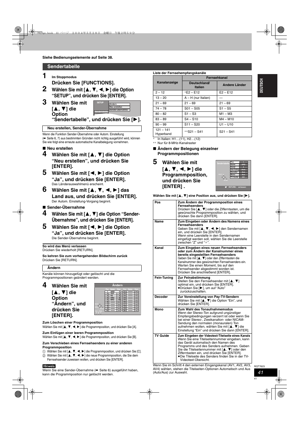 Drücken sie [functions, Sendertabelle | Panasonic SCHT1500 User Manual | Page 41 / 164