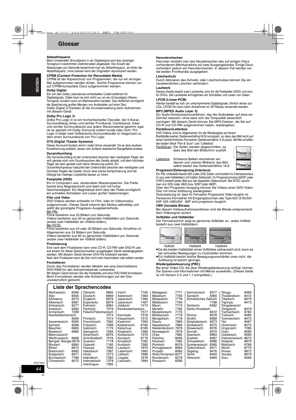 Glossar, Liste der sprachencodes | Panasonic SCHT1500 User Manual | Page 44 / 164