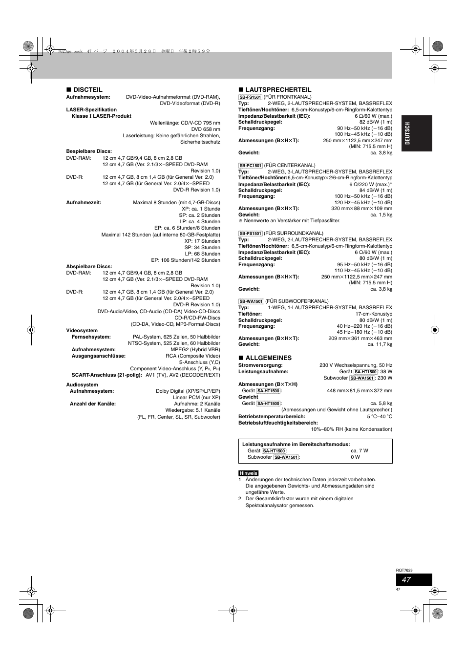 Panasonic SCHT1500 User Manual | Page 47 / 164