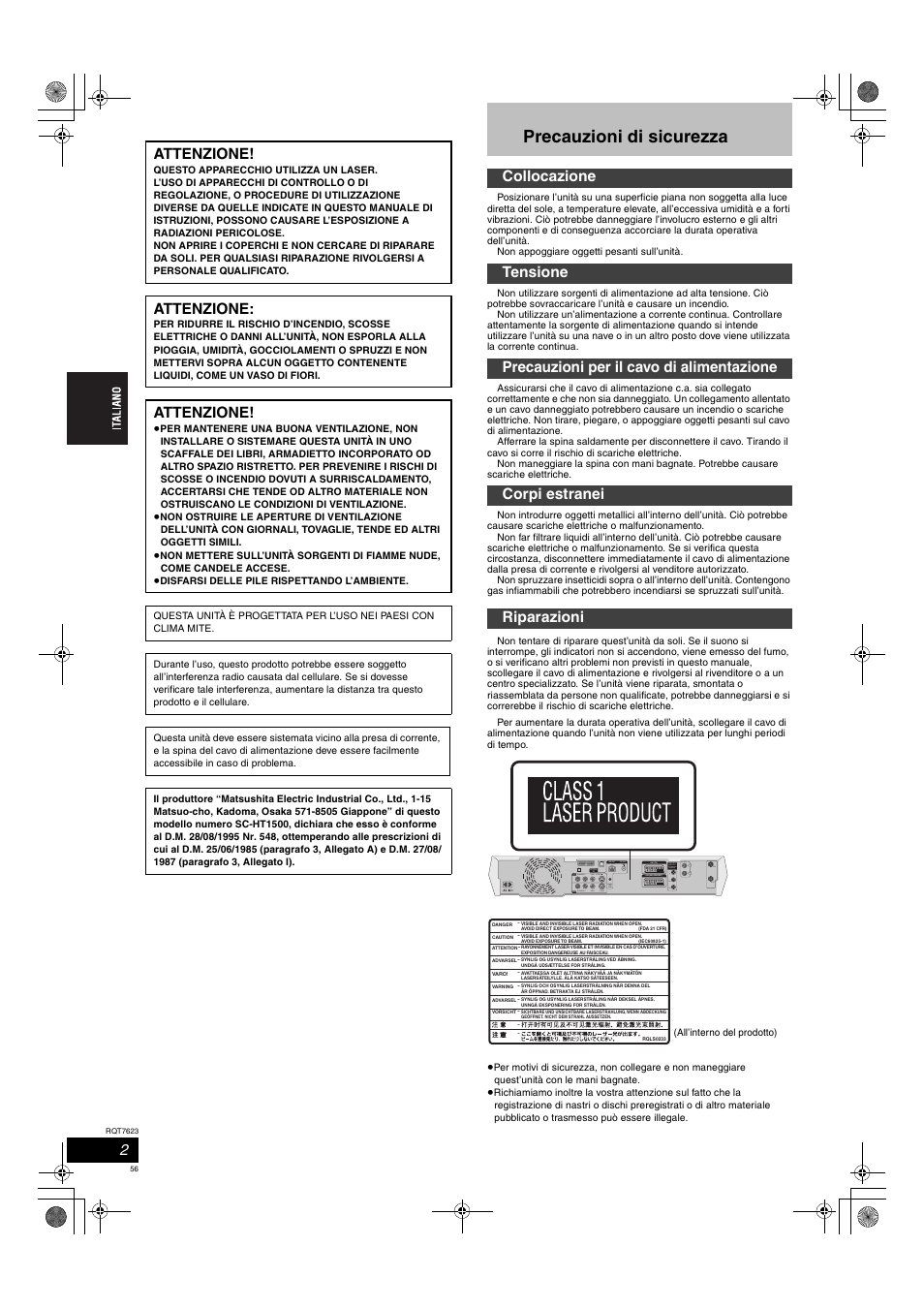 Precauzioni di sicurezza, Attenzione, R-audio-l | R-audio-l av4 in loop ant gnd loop ext | Panasonic SCHT1500 User Manual | Page 56 / 164