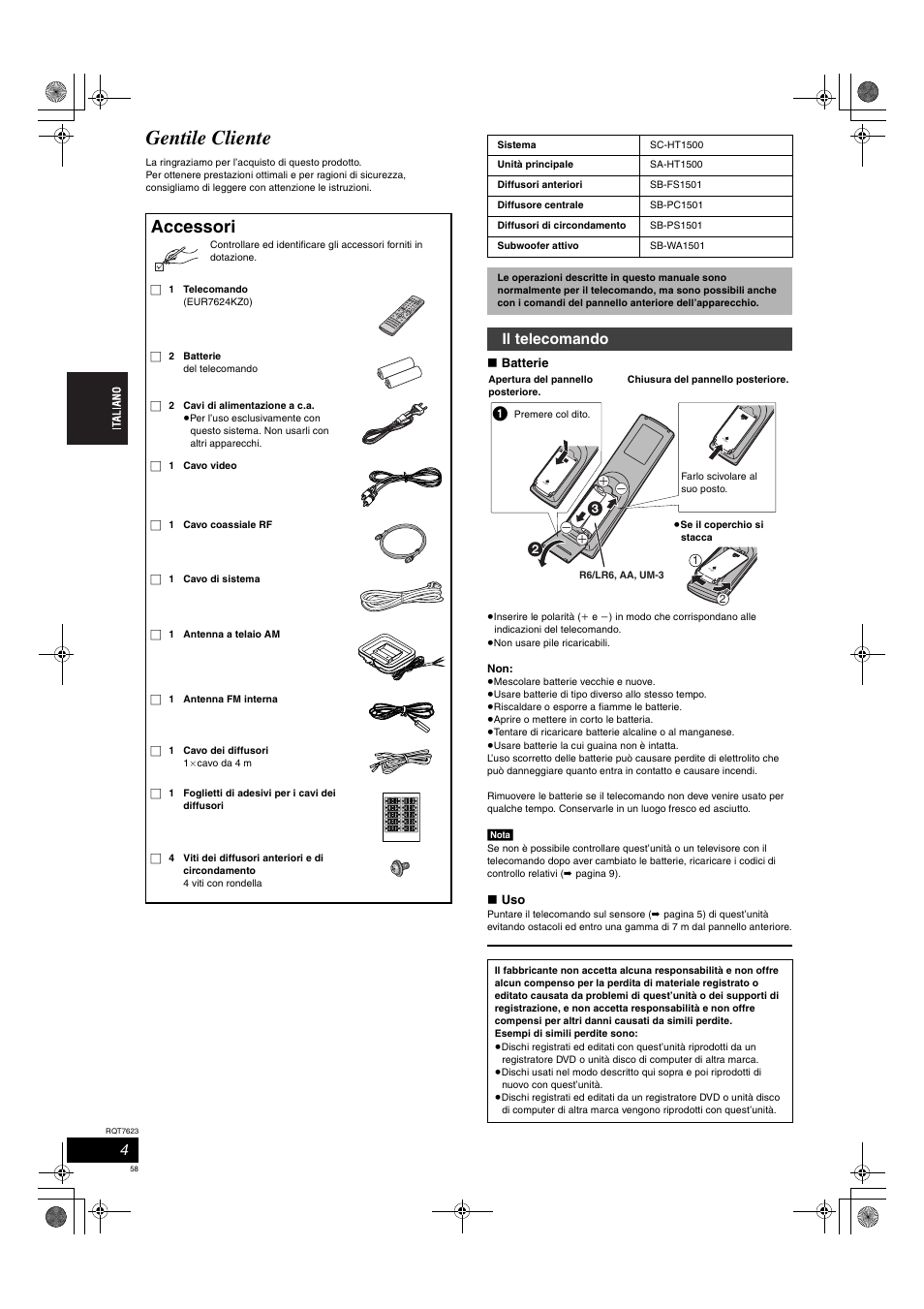 Gentile cliente, Accessori, Il telecomando | Panasonic SCHT1500 User Manual | Page 58 / 164