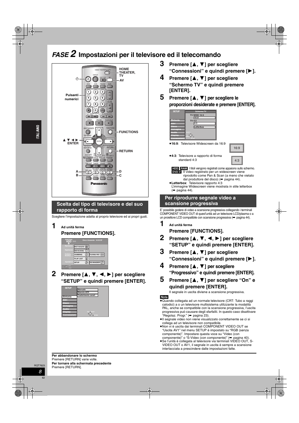 Fase, Impostazioni per il televisore ed il telecomando, Premere [functions | Panasonic SCHT1500 User Manual | Page 62 / 164