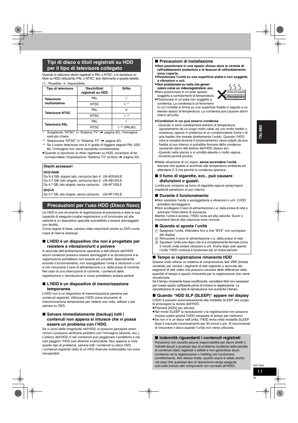 Precauzioni per l’uso hdd (disco fisso) | Panasonic SCHT1500 User Manual | Page 65 / 164