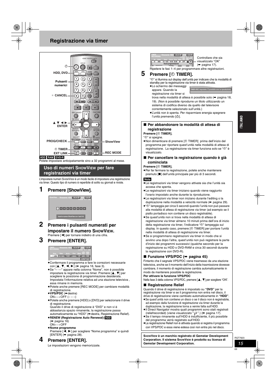 Registrazione via timer, Premere [showview, Premere [enter | Premere [ f timer, Uso di numeri s, Per fare registrazioni via timer, Funzione vps/pdc ( ➡ pagina 45), Registrazione relief | Panasonic SCHT1500 User Manual | Page 69 / 164