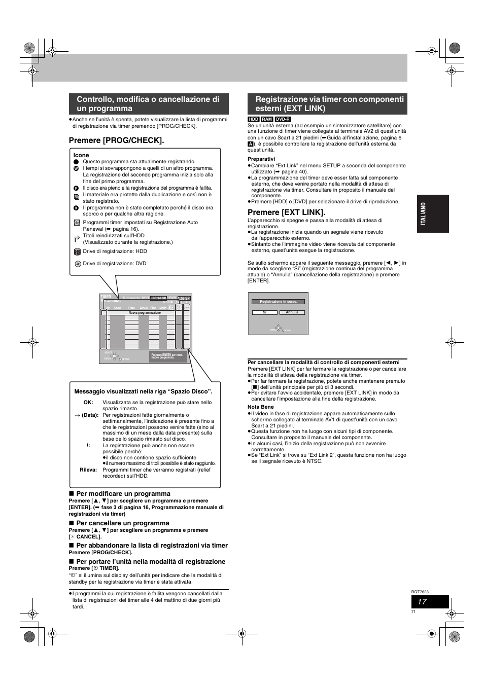 Premere [prog/check, Premere [ext link, Per modificare un programma | Per cancellare un programma | Panasonic SCHT1500 User Manual | Page 71 / 164