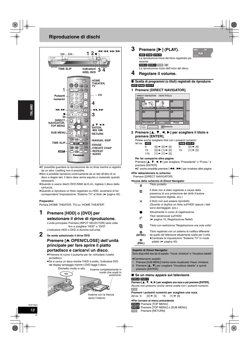 Riproduzione di dischi, Premere [ 1 ] (play), Regolare il volume | Se un menu appare sul televisore | Panasonic SCHT1500 User Manual | Page 72 / 164