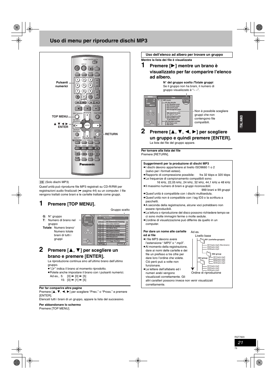 Uso di menu per riprodurre dischi mp3, Premere [top menu | Panasonic SCHT1500 User Manual | Page 75 / 164