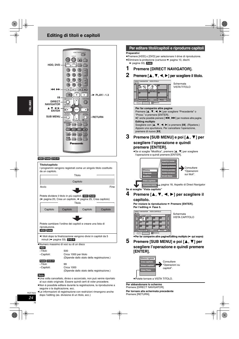 Editing di titoli e capitoli, Premere [direct navigator, Premere [ 3 , 4 , 2 , 1 ] per scegliere il titolo | Per editare titoli/capitoli e riprodurre capitoli | Panasonic SCHT1500 User Manual | Page 78 / 164