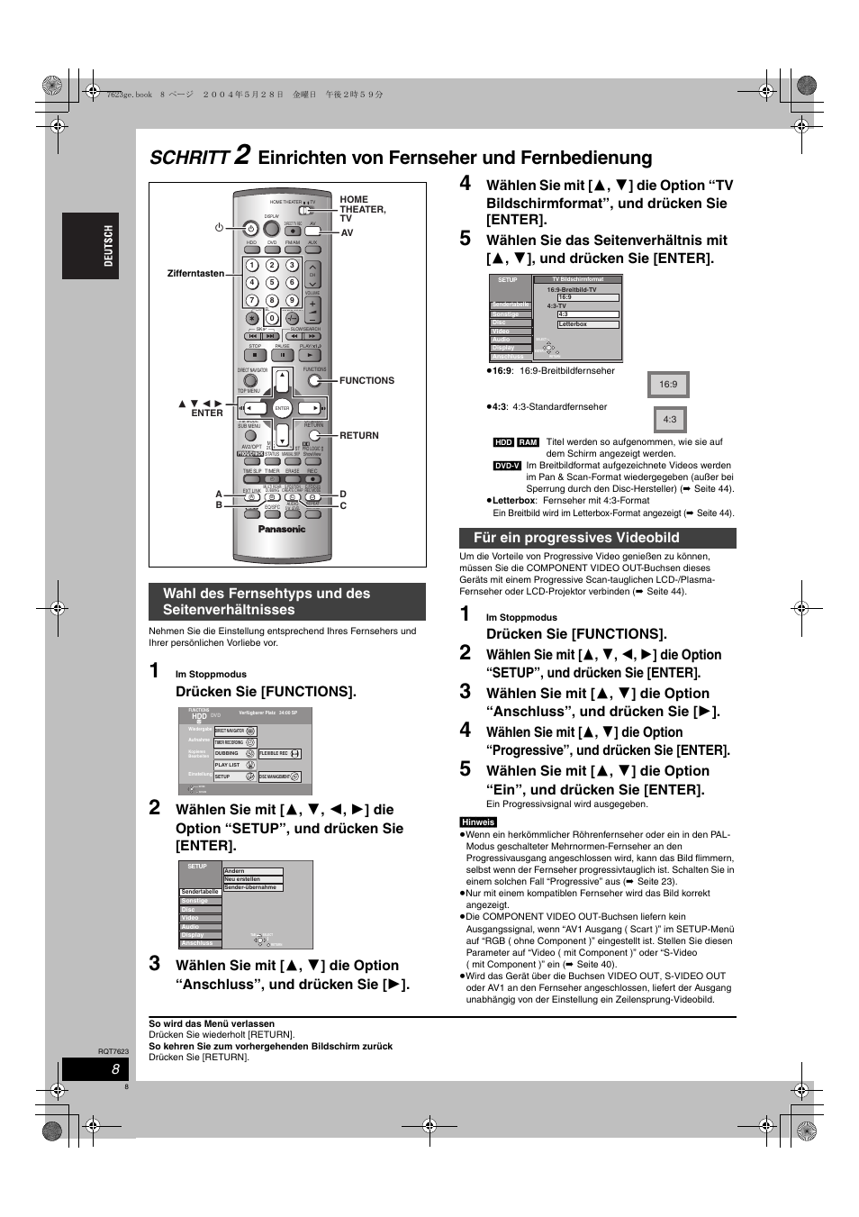 Schritt, Einrichten von fernseher und fernbedienung, Drücken sie [functions | Wahl des fernsehtyps und des seitenverhältnisses, Für ein progressives videobild | Panasonic SCHT1500 User Manual | Page 8 / 164