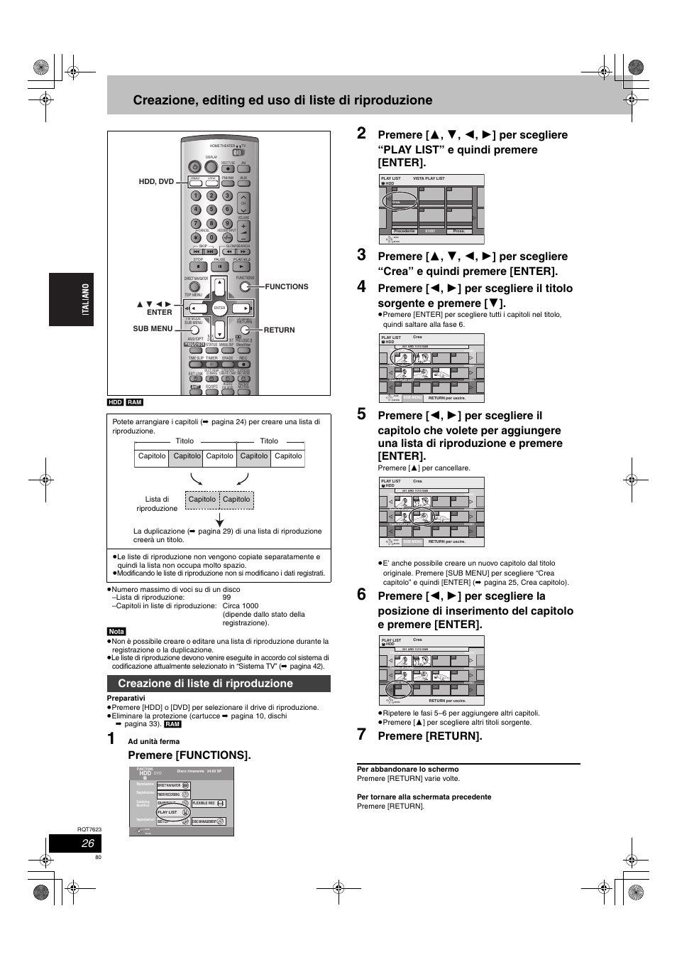 Creazione, editing ed uso di liste di riproduzione, Premere [functions, Premere [return | Creazione di liste di riproduzione, Nota | Panasonic SCHT1500 User Manual | Page 80 / 164