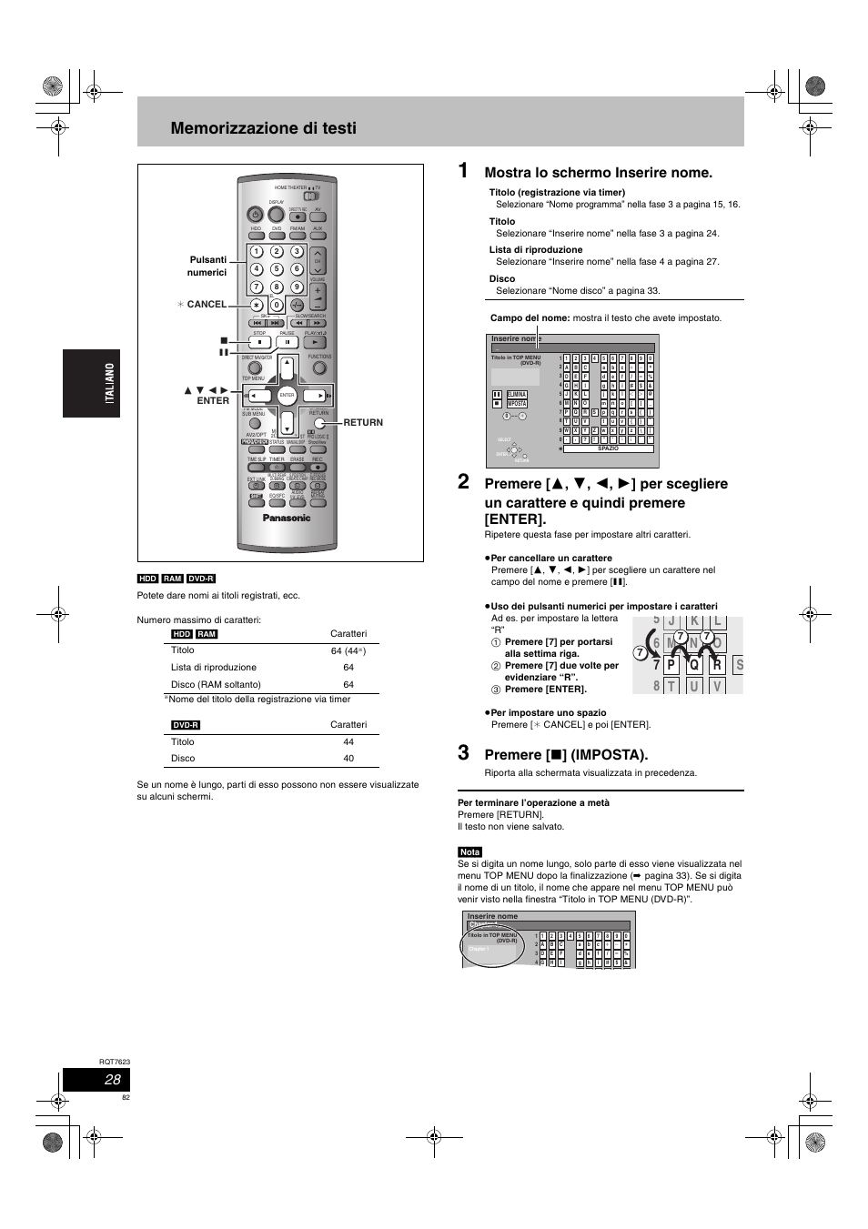 Mostra lo schermo inserire nome, Premere [ ∫ ] (imposta) | Panasonic SCHT1500 User Manual | Page 82 / 164