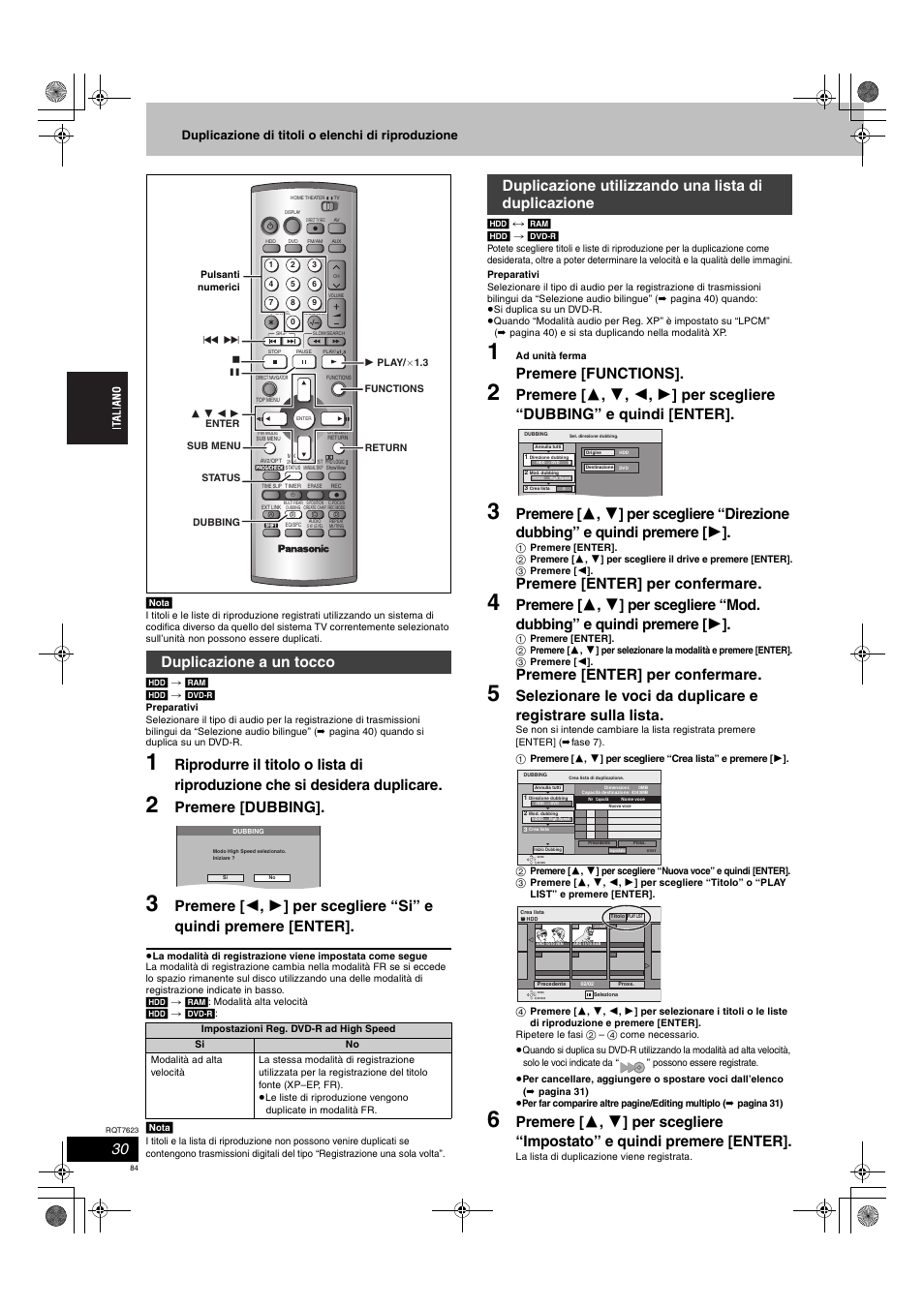 Premere [dubbing, Premere [functions, Premere [enter] per confermare | Duplicazione a un tocco, Duplicazione utilizzando una lista di duplicazione, Duplicazione di titoli o elenchi di riproduzione | Panasonic SCHT1500 User Manual | Page 84 / 164