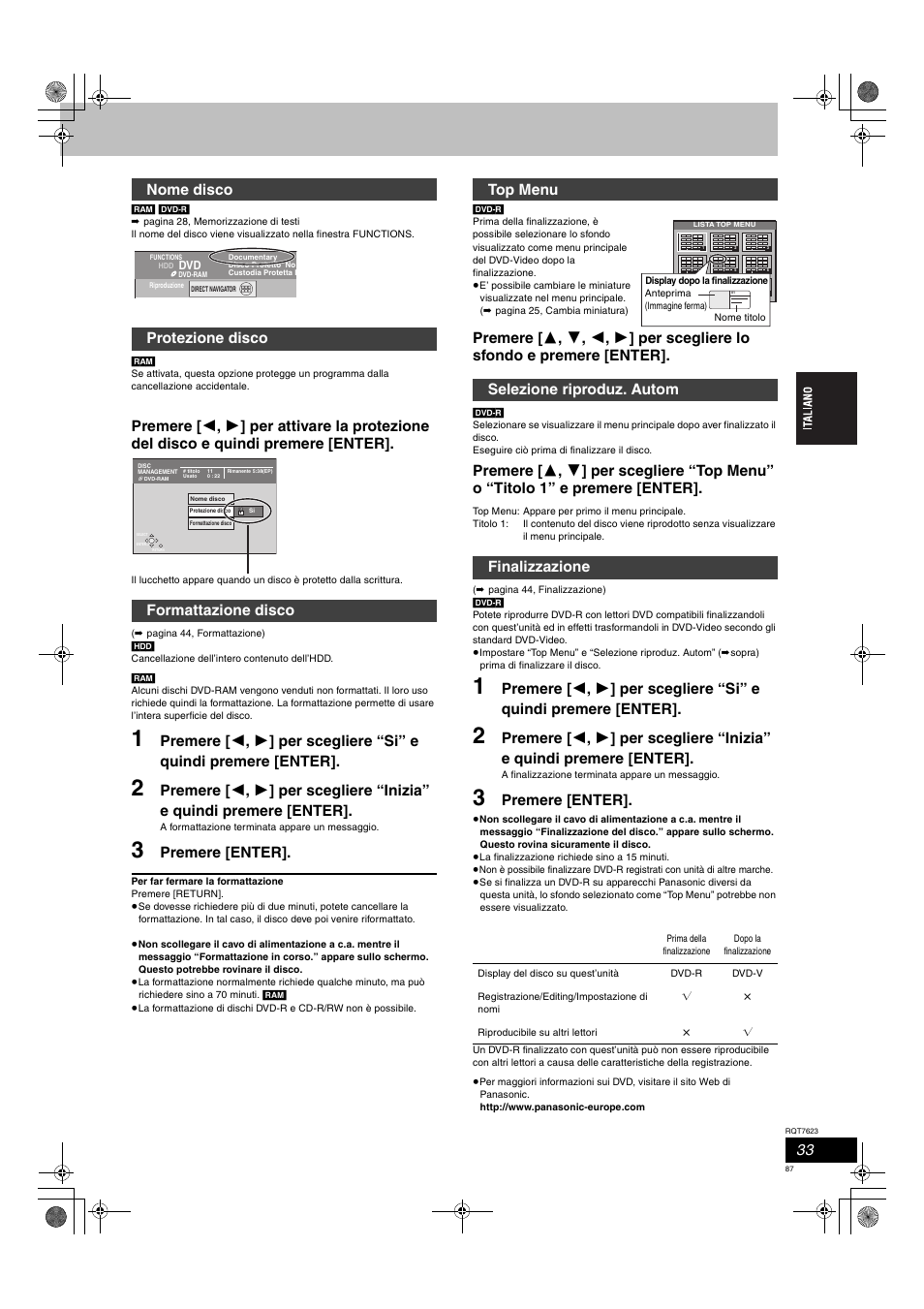 Premere [enter, Nome disco protezione disco formattazione disco, Top menu selezione riproduz. autom finalizzazione | Panasonic SCHT1500 User Manual | Page 87 / 164