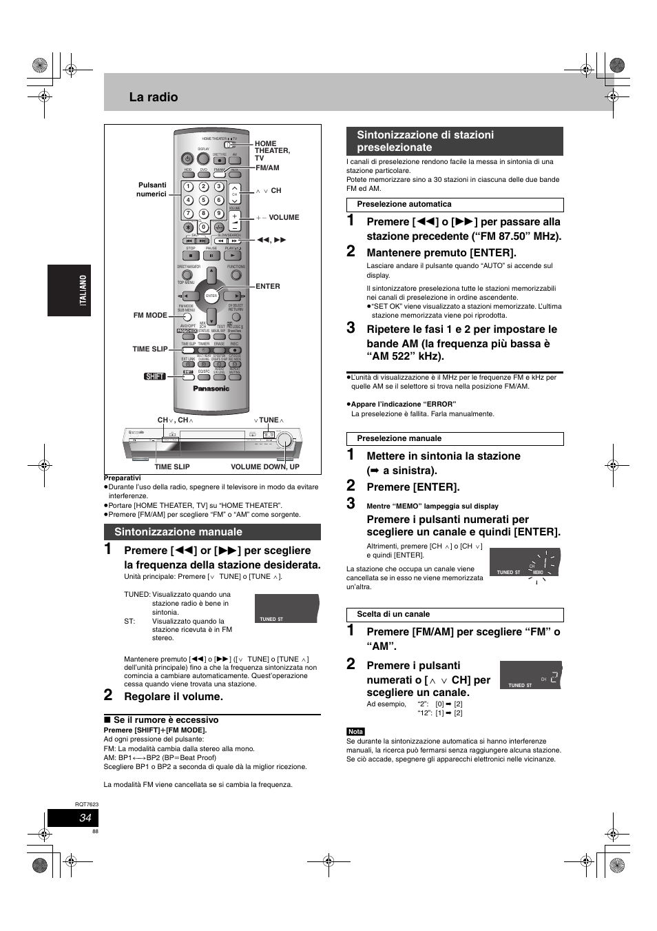 La radio, Regolare il volume, Mantenere premuto [enter | Mettere in sintonia la stazione ( ➡ a sinistra), Premere [enter, Premere [fm/am] per scegliere “fm” o “am, Sintonizzazione manuale, Sintonizzazione di stazioni preselezionate | Panasonic SCHT1500 User Manual | Page 88 / 164