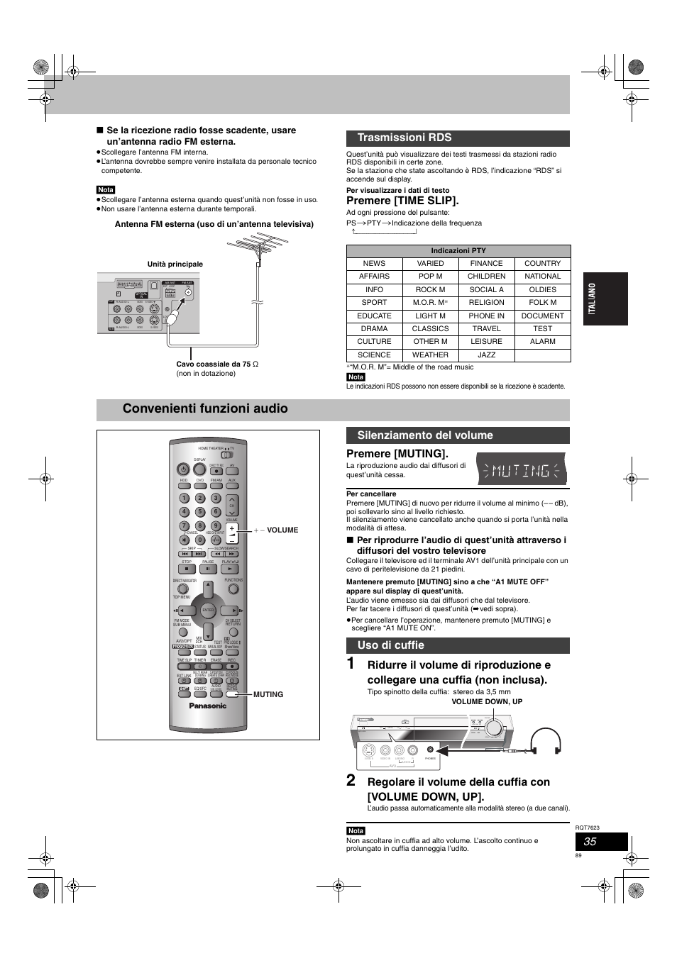 Convenienti funzioni audio, Premere [time slip, Premere [muting | Trasmissioni rds, Silenziamento del volume uso di cuffie | Panasonic SCHT1500 User Manual | Page 89 / 164