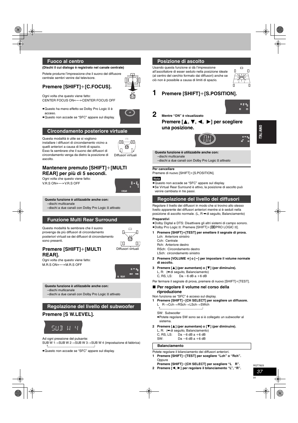 Premere [shift] i [c.focus, Premere [shift] i [multi rear, Premere [s w.level | Premere [shift] i [s.position, Fuoco al centro circondamento posteriore virtuale, Funzione multi rear surround, Regolazione del livello del subwoofer, Posizione di ascolto, Regolazione del livello dei diffusori | Panasonic SCHT1500 User Manual | Page 91 / 164