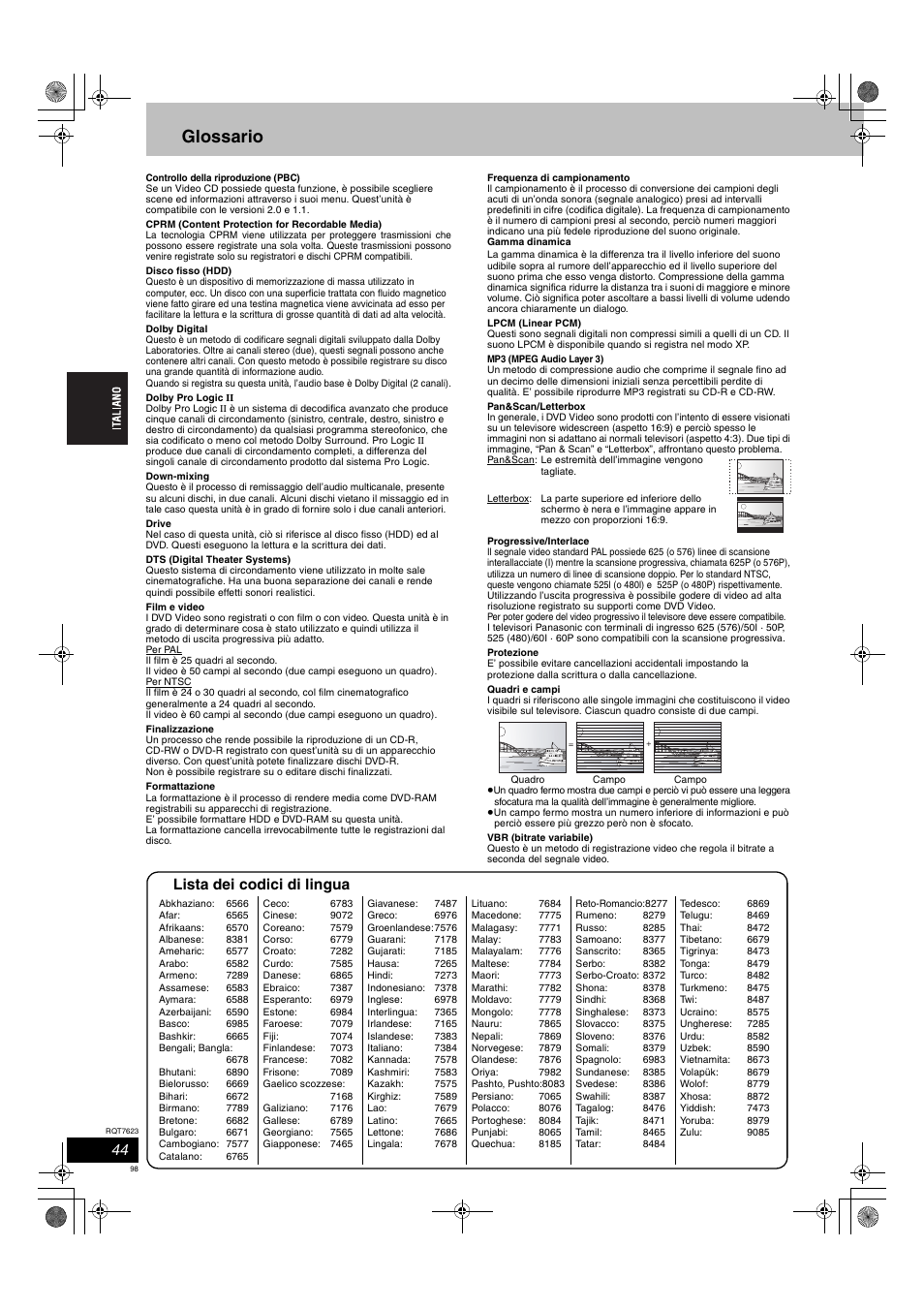 Glossario, Lista dei codici di lingua | Panasonic SCHT1500 User Manual | Page 98 / 164