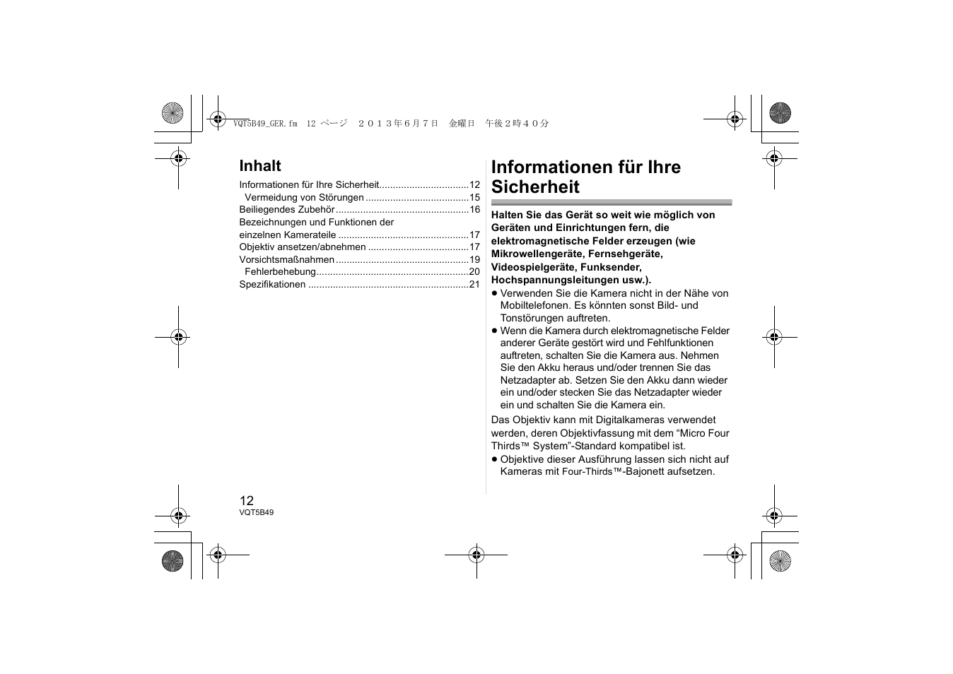 Informationen für ihre sicherheit, Inhalt | Panasonic HH020AE User Manual | Page 12 / 72