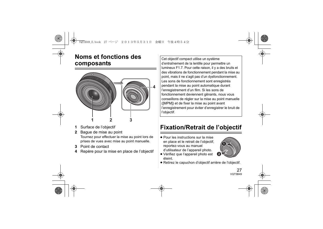 Noms et fonctions des composants, Fixation/retrait de l’objectif | Panasonic HH020AE User Manual | Page 27 / 72