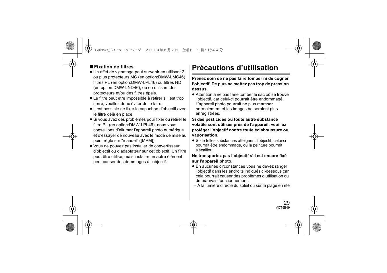 Précautions d’utilisation | Panasonic HH020AE User Manual | Page 29 / 72