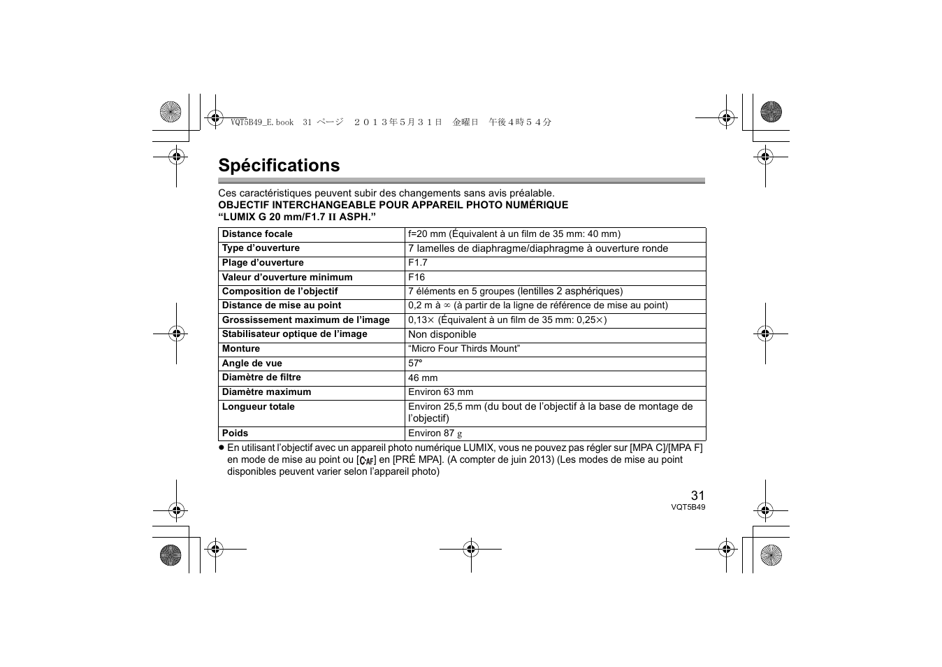 Spécifications | Panasonic HH020AE User Manual | Page 31 / 72