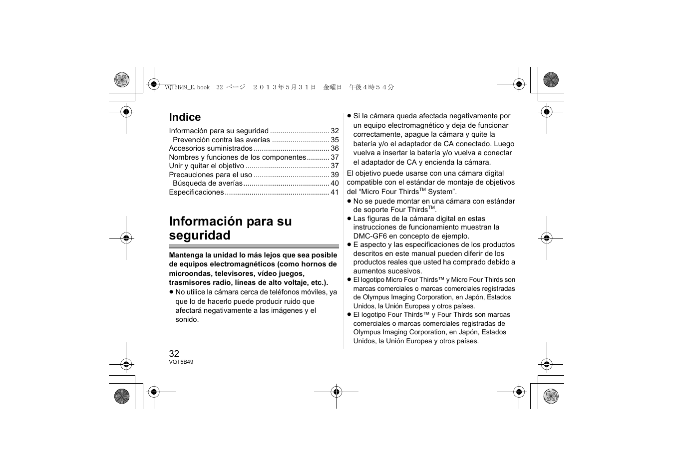 Información para su seguridad, Indice | Panasonic HH020AE User Manual | Page 32 / 72