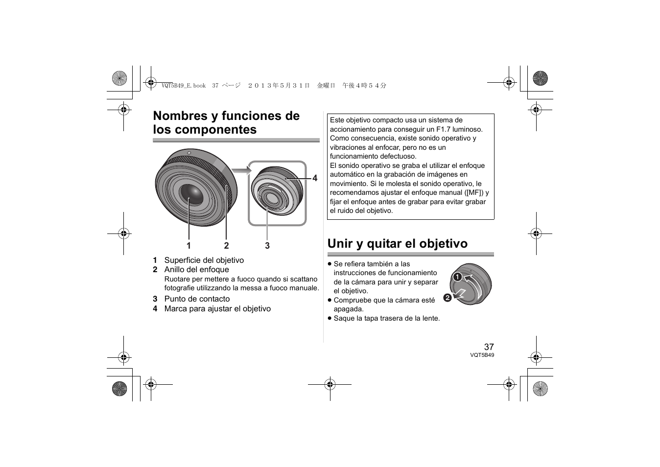 Nombres y funciones de los componentes, Unir y quitar el objetivo | Panasonic HH020AE User Manual | Page 37 / 72