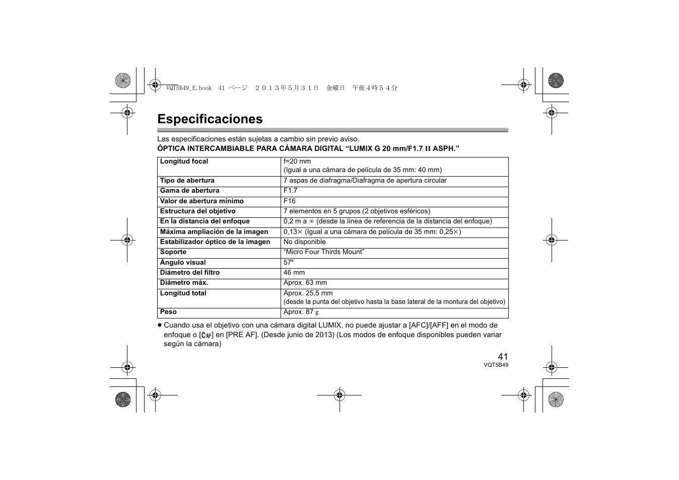 Especificaciones | Panasonic HH020AE User Manual | Page 41 / 72