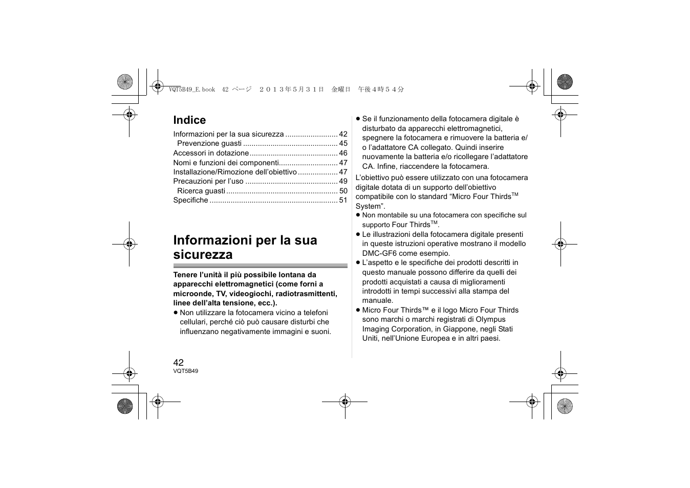 Informazioni per la sua sicurezza, Indice | Panasonic HH020AE User Manual | Page 42 / 72