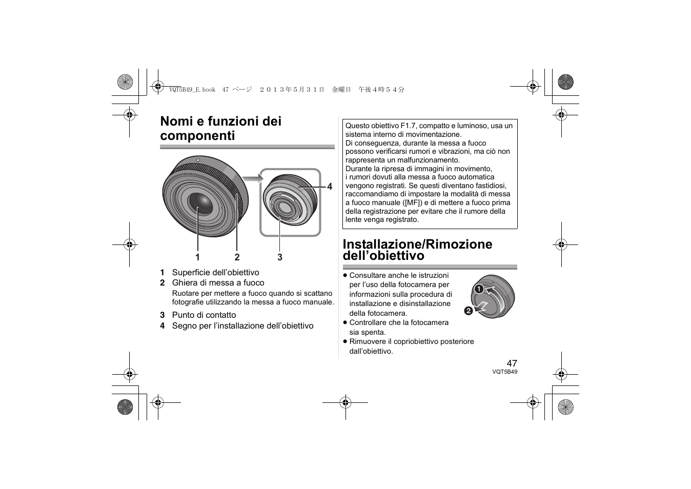 Nomi e funzioni dei componenti, Installazione/rimozione dell’obiettivo | Panasonic HH020AE User Manual | Page 47 / 72