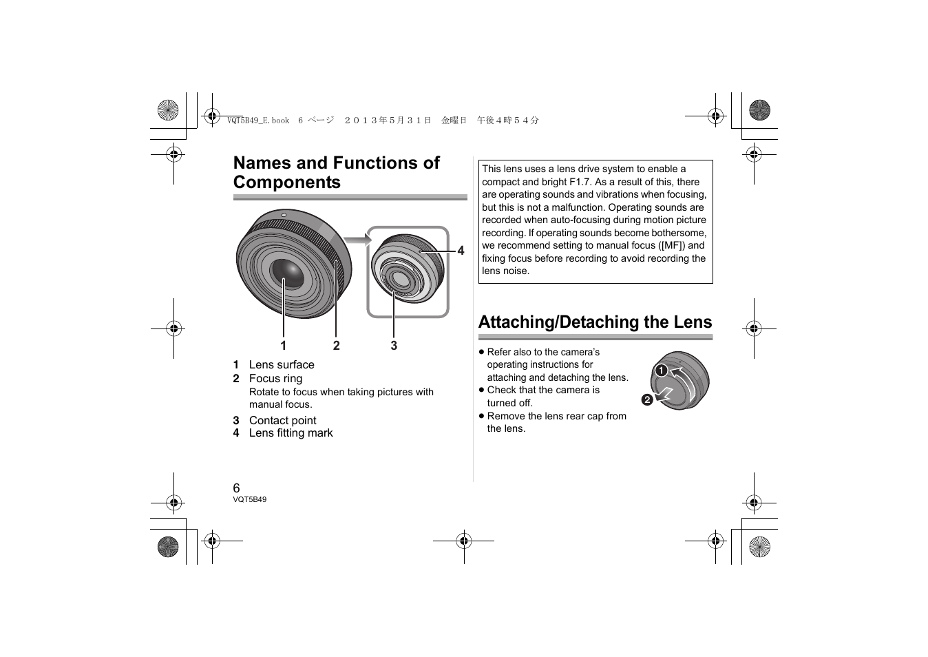 Names and functions of components, Attaching/detaching the lens | Panasonic HH020AE User Manual | Page 6 / 72