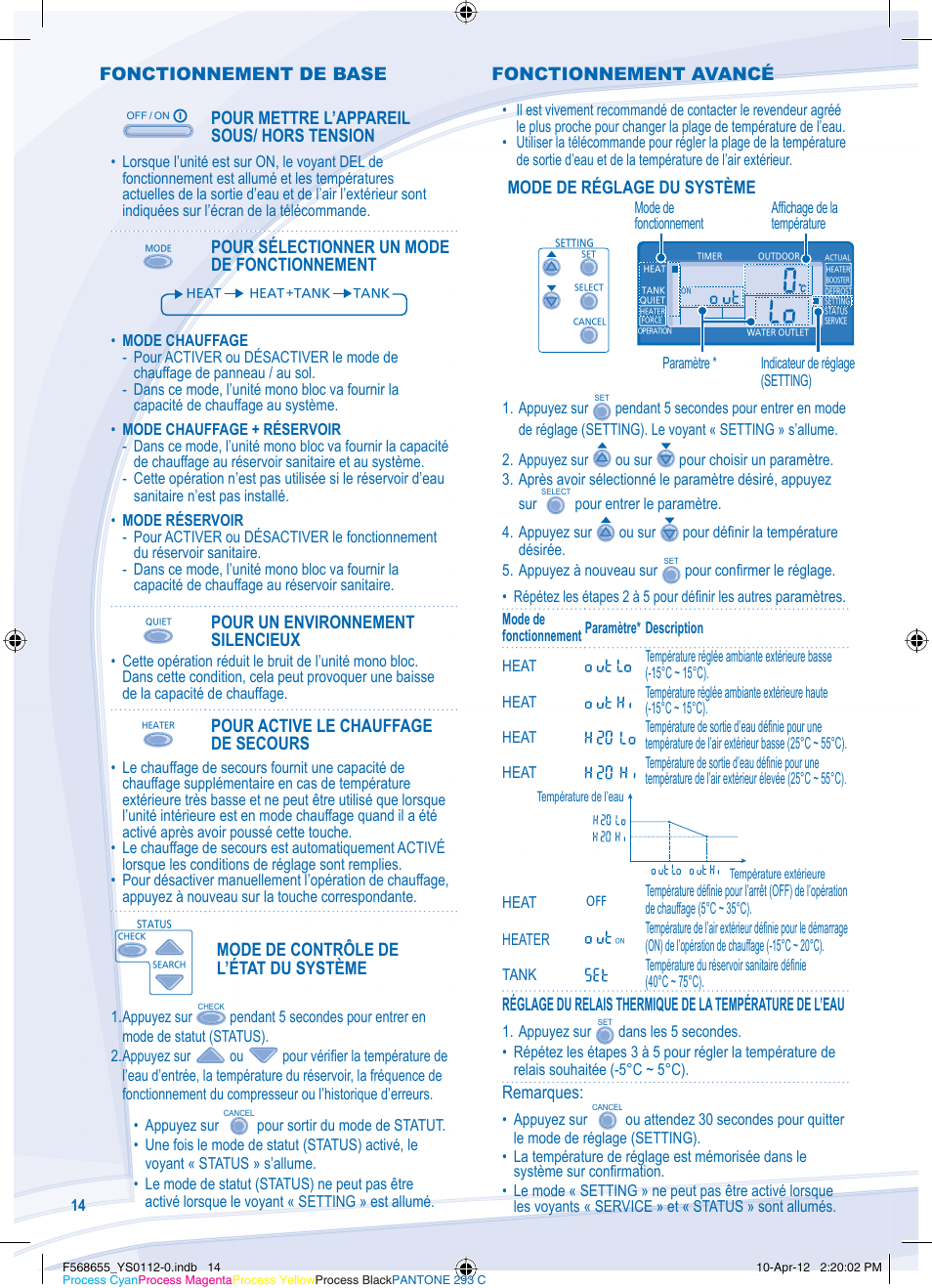 Fonctionnement de base, Pour mettre l’appareil sous/ hors tension, Pour sélectionner un mode de fonctionnement | Pour un environnement silencieux, Pour active le chauffage de secours, Mode de contrôle de l’état du système, Mode de réglage du système, Remarques, Fonctionnement avancé | Panasonic WHMXF12D9E8 User Manual | Page 14 / 76