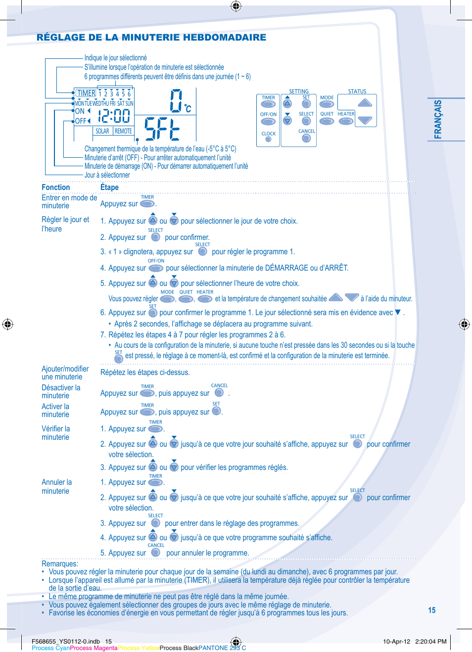 Français, Réglage de la minuterie hebdomadaire | Panasonic WHMXF12D9E8 User Manual | Page 15 / 76