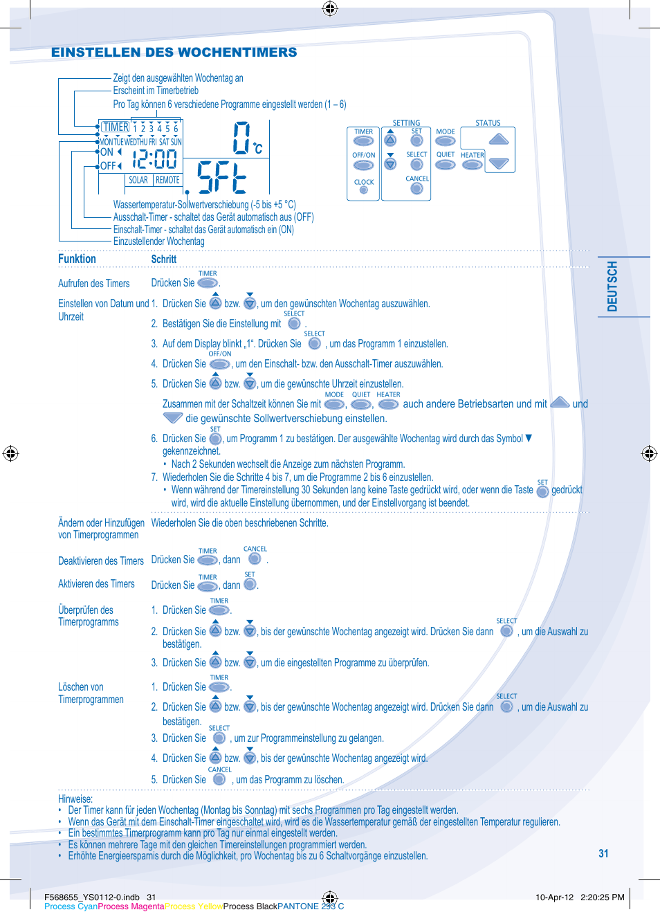 Deutsch, Funktion, Einstellen des wochentimers | Panasonic WHMXF12D9E8 User Manual | Page 31 / 76