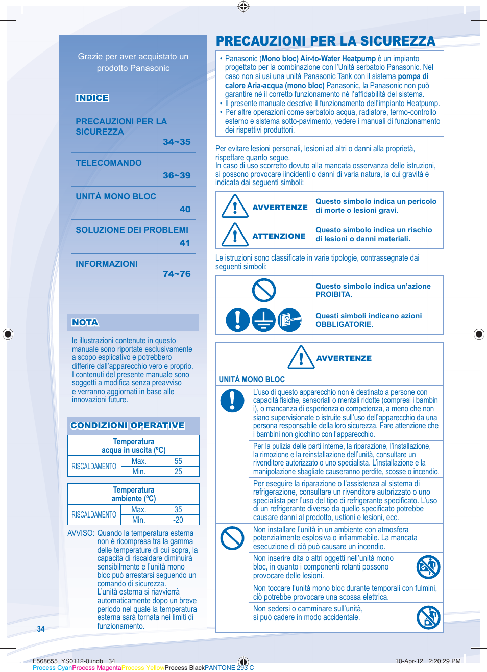 Precauzioni per la sicurezza | Panasonic WHMXF12D9E8 User Manual | Page 34 / 76