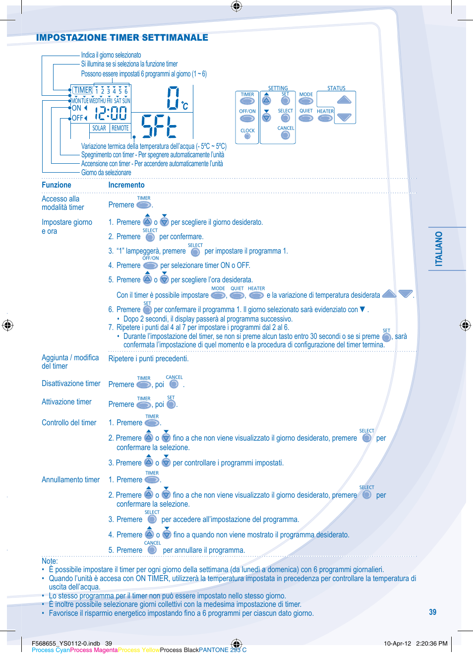 It aliano, Impostazione timer settimanale | Panasonic WHMXF12D9E8 User Manual | Page 39 / 76