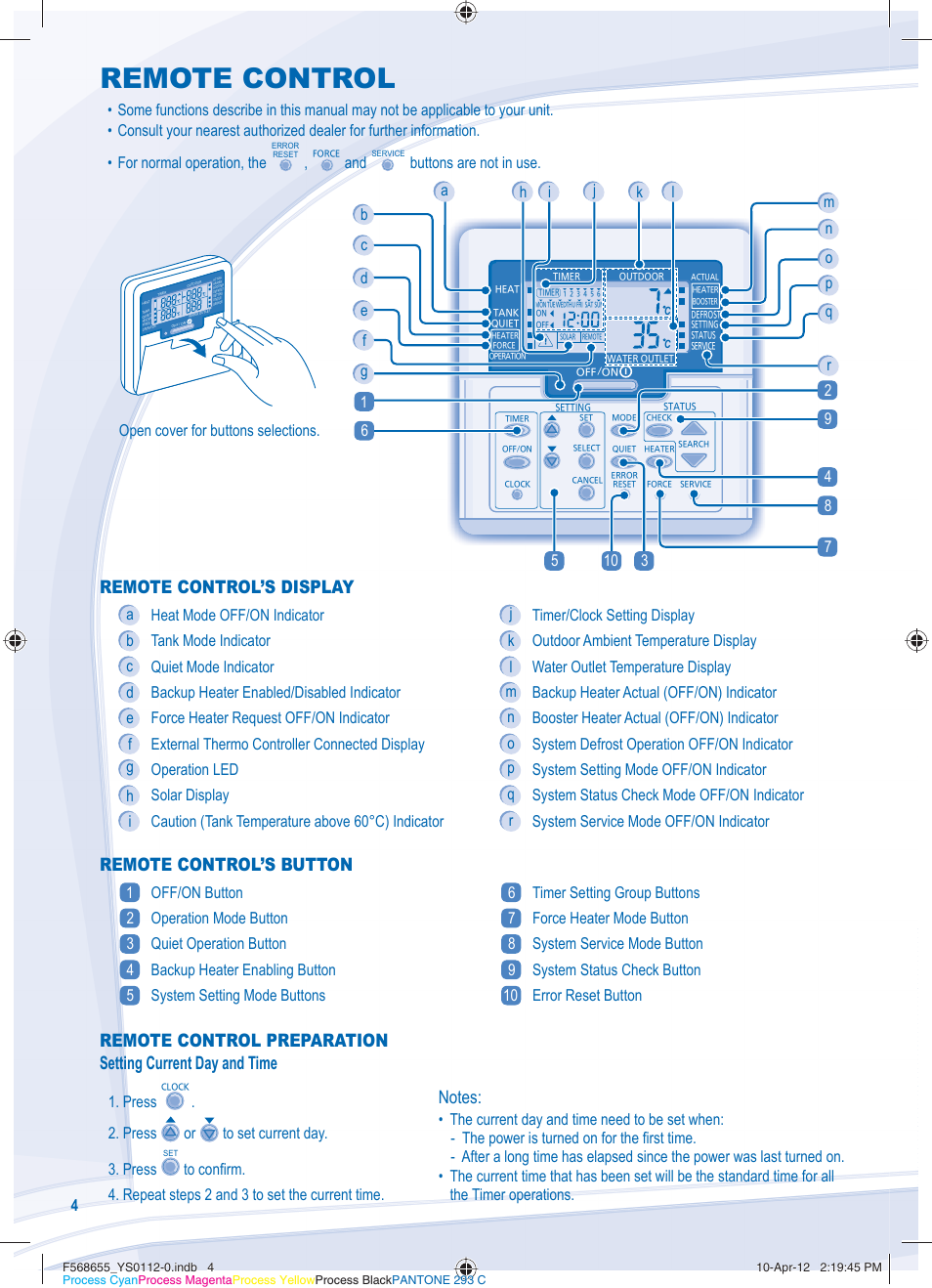 Remote control, Setting up the special functions, Remote control’s display | Remote control’s button, Buttons are not in use, Open cover for buttons selections, Press or to set current day. 3. press | Panasonic WHMXF12D9E8 User Manual | Page 4 / 76
