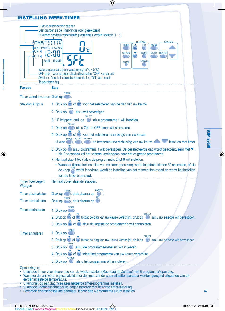 Nederlands, Instelling week-timer | Panasonic WHMXF12D9E8 User Manual | Page 47 / 76