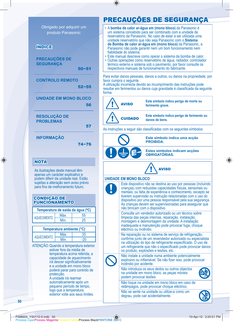 Precauções de segurança | Panasonic WHMXF12D9E8 User Manual | Page 50 / 76