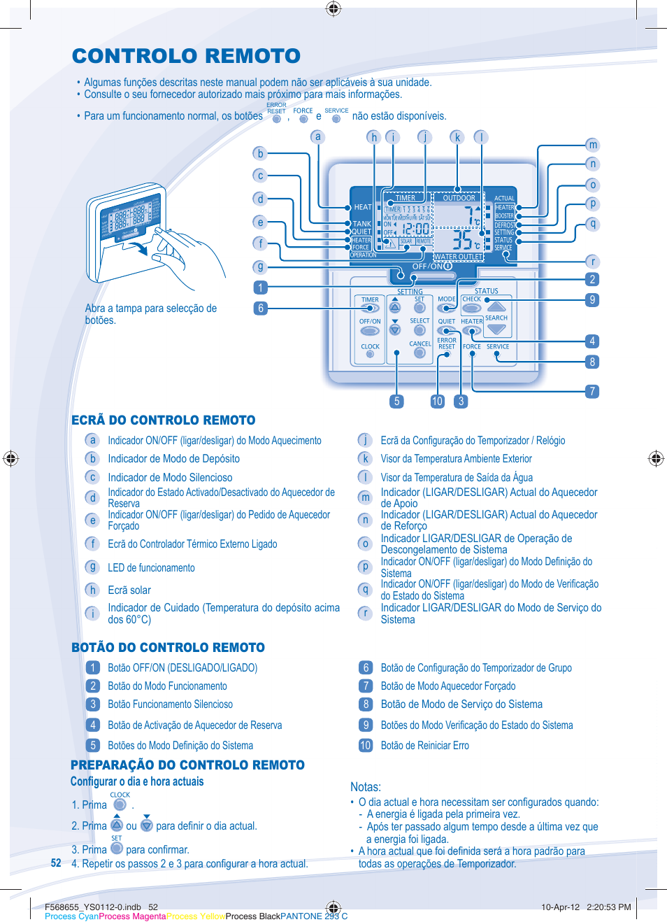 Controlo remoto, Ecrã do controlo remoto, Botão do controlo remoto | Configurar as funções especiais, Notas, Abra a tampa para selecção de botões, Não estão disponíveis, Prima ou para defi nir o dia actual. 3. prima | Panasonic WHMXF12D9E8 User Manual | Page 52 / 76