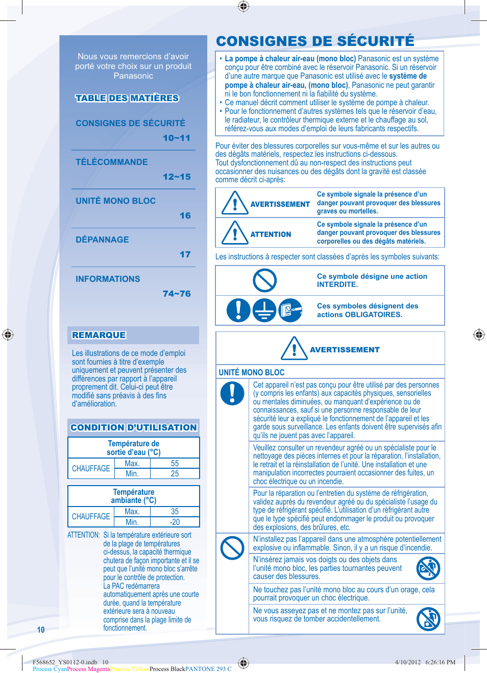 Consignes de sécurité | Panasonic WHMDF09C3E8 User Manual | Page 10 / 76
