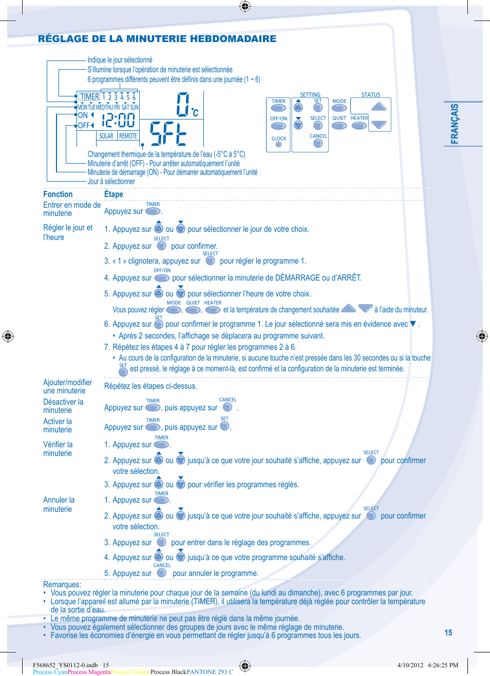 Français, Réglage de la minuterie hebdomadaire | Panasonic WHMDF09C3E8 User Manual | Page 15 / 76